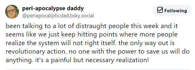 a bluesky post from "peri-apocalypse daddy" that reads "been talking to a lot of distraught people this week and it seems like we just keep hitting points where more people realize the system will not right itself. the only way out is revolutionary action. no one with the power to save us will do anything. it's a painful but necessary realization!"