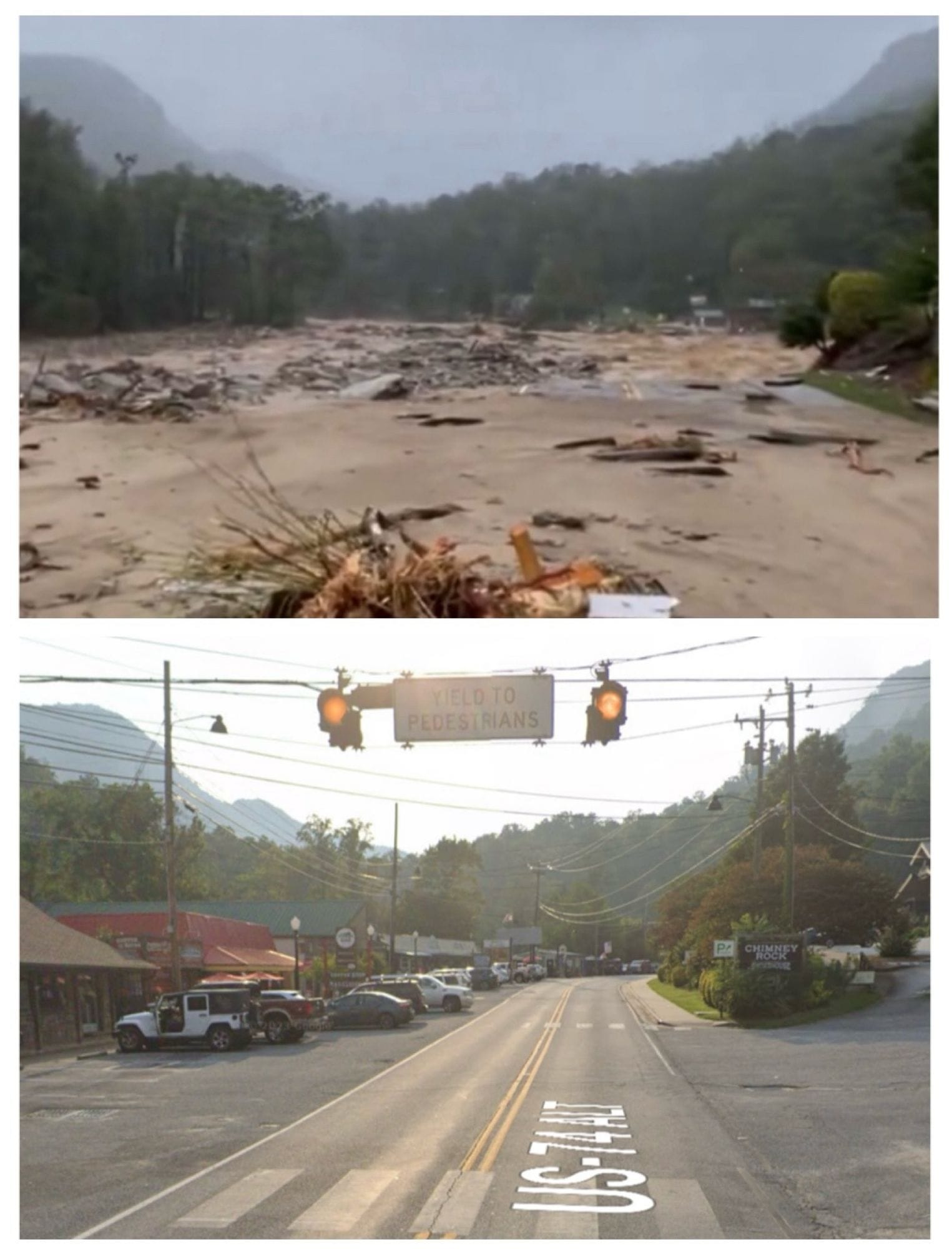 two images, the first, above, shows flood waters covering a huge zone of rubble with a tiny bit of road just showing, below a picture from the day before, of a small stretch of businesses and homes alongside a road, the same exact angle.
