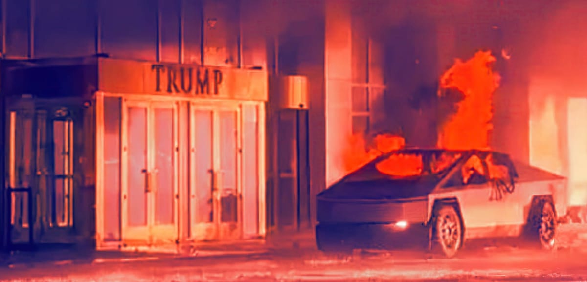 a filtered image of the cybertruck bomb on fire outside Trump towers, credit to @renegadecut on bsky for the filter