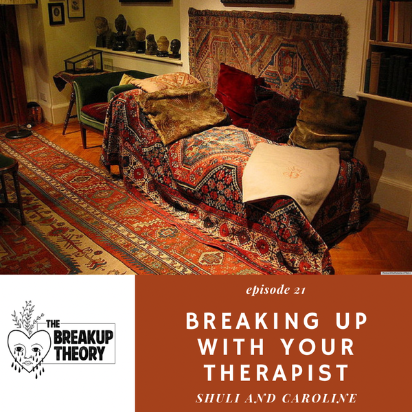 Freud's couch and the Breakup Theory logo with a crying heart sprouting
