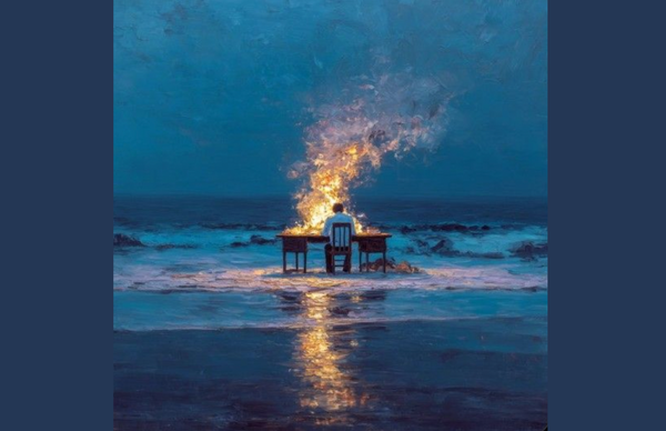 image of a painting of a person sitting at a desk at the shorline of the ocean wiht the desk on fire